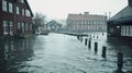 The water level reaches dangerously high completely submerging a long pier and its surrounding buildings