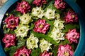 Water lilies floating in a blue plant pot Royalty Free Stock Photo