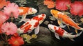 Water lilies and Koi fish in a serene Japanese pond Royalty Free Stock Photo