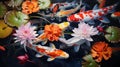 Water lilies and Koi fish in a serene Japanese pond Royalty Free Stock Photo