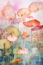 Water lilies and lotus flowers. Vertical watercolor painting