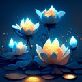 water lily flowers with candles in the dark blue water. illustration AI generated Royalty Free Stock Photo