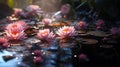 lotus flowers on water lily on lake ,water reflection , trees in forest ,wild lotus on sunset sky on sea