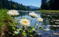 water lily on lake ,water reflection , trees in forest ,wild lotus on sunset sky on sea