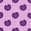 Water lily seamless doodle pattern in hand drawn botanic style. Light purple chequered background Royalty Free Stock Photo