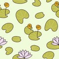 Water lily seamless pattern. Doodle cartoon lotus, lily pad pond print. Royalty Free Stock Photo
