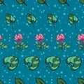 Water lily vector seamless pattern on blue background Royalty Free Stock Photo