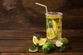 Water with lime, lemon and mint leaves on a dark wooden background
