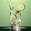 3d Render: Gin And Tonic Splash With Lime And Mint