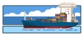 Water logistics. Vector illustration. Ocean, sea, and river transport. Container shipping. Large and small vessels. Loading and un