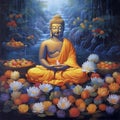 Water Lotus Buddha Statue Buddha on Sun Background - AI generated image Royalty Free Stock Photo