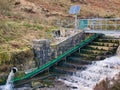 Water management infrastructure on the Whitendale River in Lancashire, UK. A green eel - elver pass is shown.