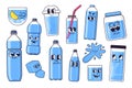 Water mascot. Cartoon drink water concept with eco friendly water bottle characters, zero waste water jug, detox natural