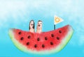 Water melon boat with finger kids on board Royalty Free Stock Photo