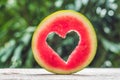 Water melon cut into heart shape. Space for text. Flat lay composition. love concept. Valentine`s Day Concept Royalty Free Stock Photo