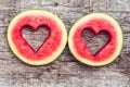 Water melon cut into heart shape. Space for text. Flat lay composition. love concept. Valentine`s Day Concept Royalty Free Stock Photo