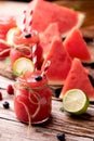 Water melon smothie on wooden table Royalty Free Stock Photo