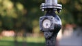 Water meter on a city street against the background of green nature.