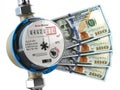Water meter with dollar money. Water consumption, cost of utilities and saving concept