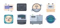 Water meters. Gas and liquids measurements control box devices counters display garish vector systems set