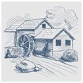 Water mill hand drawn blue sketch vector Royalty Free Stock Photo