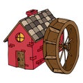 Water Mill icon. Vector illustration house with a tiled roof. Hand drawn house with wooden door and the round window Royalty Free Stock Photo