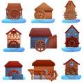 Water mill icons set, cartoon style