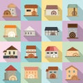 Water mill icons set, flat style