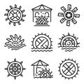 Water mill icons set, outline style