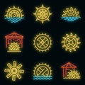 Water mill icons set vector neon