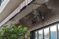 Air cooling system with water vapor and fans during heat and high temperature for street cafe