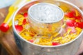 Water mixed with vivid flower and roses for Songkran festival of Thailand Royalty Free Stock Photo