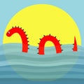 Water monster with thorns, eye, tail Swimming floating Sea ocean wave sunset. Loch Ness Nessy fictional creature. Snake shape. Cut
