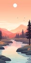 Tranquil Creek: Minimalistic Landscape Illustration For Mobile Wallpaper