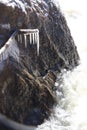 Water moving and not: Icicles and flowing water on rock