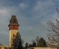 Water old tower in sunny cold autumn morning in Ceske Budejovice town Royalty Free Stock Photo