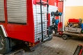 Water outlet valves placed in the back of the fire truck. Royalty Free Stock Photo