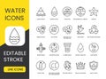 Water packaging icons set with editable stroke, Ecologically clean and purified water, purified and certified, sugar