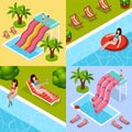 Water Park Aquapark Isometric Icon Set