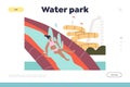 Water park attraction landing page with girl riding down water slide in pool have fun in aqua park