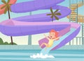Water park background. Kids jumping and swimming in urban pool outdoor attractions fun in aquapark cartoon vector