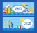 Water park banner in flat style, vector illustration. Perfect summer holidays in aqua park, fun vacation for family with Royalty Free Stock Photo