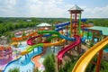 water park with colorful slides and pools, surrounded by greenery