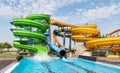 Water park with colorful slides and pools