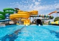 Water park with colorful slides and pools