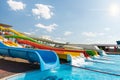 Water park with colorful slides and pools