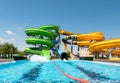 Water park with colorful slides and pools