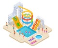 Water park isometric. Aquapark kids slide waterslide aqua recreation summer activities swimming pool leisure game