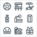water park line icons. linear set. quality vector line set such as lifejacket, water slide, goggles, mattress, springboard,