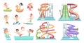 Water park. Pool slides aqua attractions for kids swimming and jumping happy characters swim rings vector cartoon Royalty Free Stock Photo